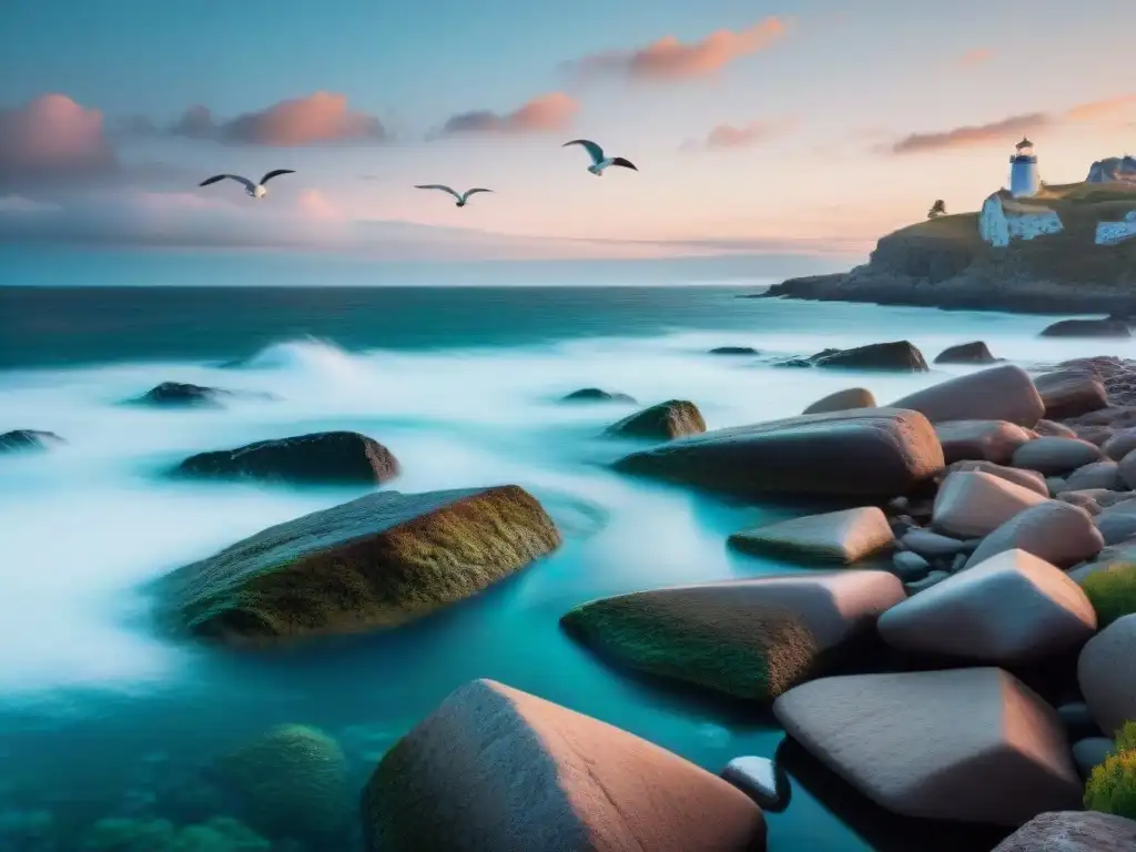 Costa serena al atardecer: accesorios marinos para eventos especiales Costa serena al atardecer con olas suaves, rocas y gaviotas