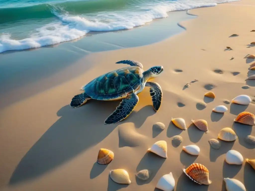 Paraíso costero al atardecer con tortuga marina y gaviotas Costa serena al atardecer con tortuga marina y aves, promoviendo el turismo costero sostenible sin impacto
