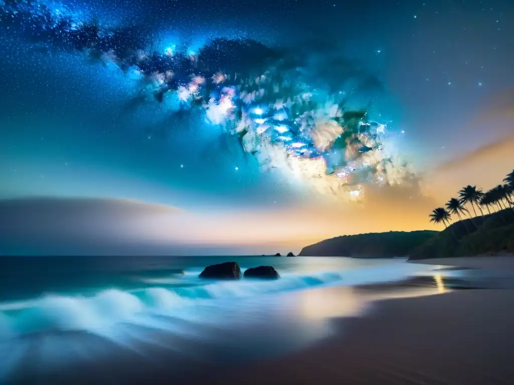 Noche estrellada en la costa: la belleza de la Vía Láctea sobre el mar Una costa serena de noche con palmeras y la Vía Láctea reflejada en el mar, ideal para observación de estrellas en la costa