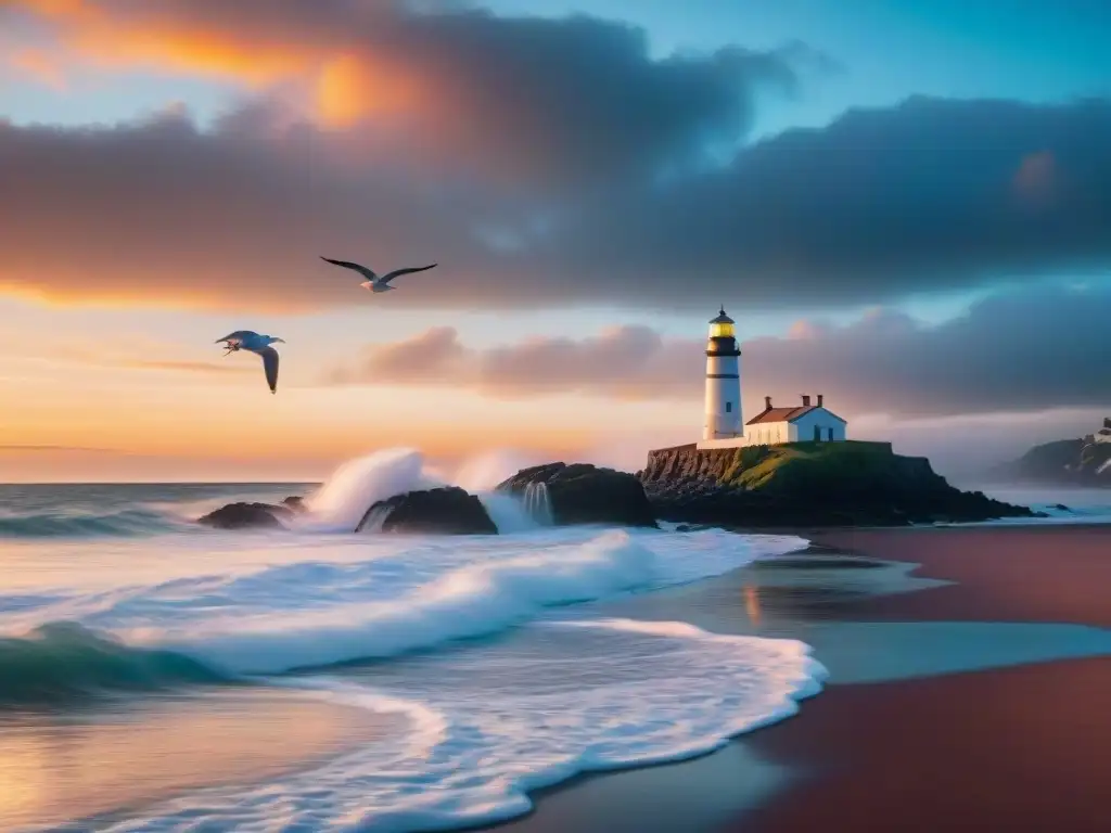 Costa serena al amanecer: lighthouse y gaviotas Costa serena al amanecer con olas, gaviotas y un faro distante, transmite la paz y beneficios del aire puro costa