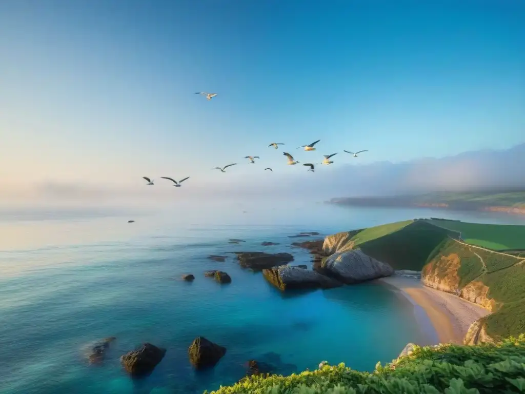 Amanecer sereno en la costa: aire puro y tranquilidad Costa serena al amanecer, olas suaves chocan en las rocas, gaviotas vuelan