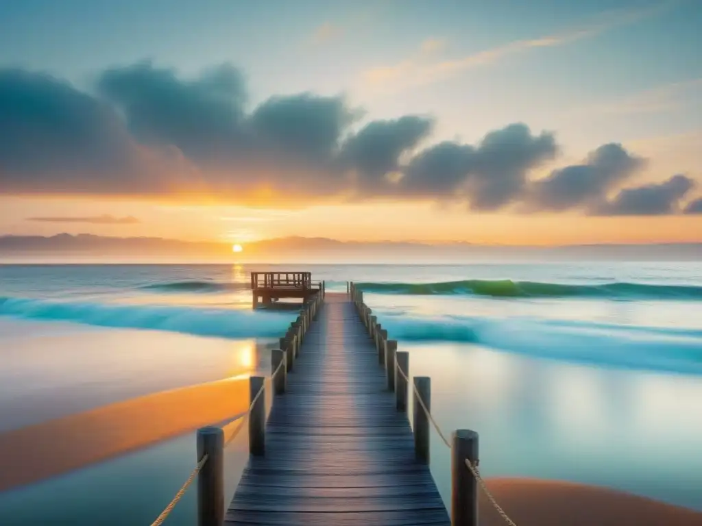 Costa serena al amanecer: conexión con la naturaleza en 8K Costa serena al amanecer con olas suaves, gaviotas y muelle de madera