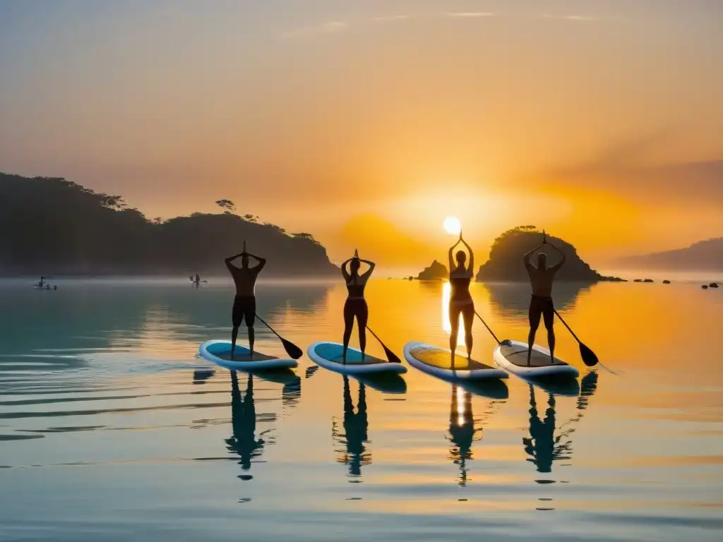Yoga en paddle: equilibrio y serenidad al amanecer Práctica de standup paddle yoga al amanecer en la costa, con serenidad y equilibrio en la vida costera