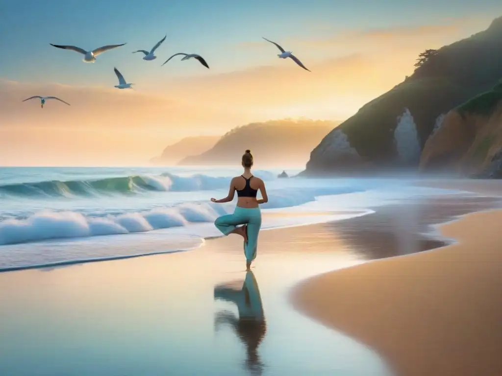 Amanecer sereno en la costa: armonía con la naturaleza Costa virgen al amanecer con turismo costero sostenible sin impacto, yoga en la playa y gaviotas