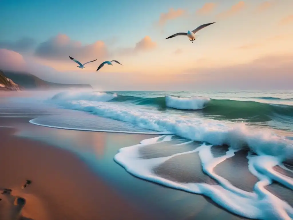 Amanecer sereno en la costa: paisaje costero con tonos pastel y gaviotas Fotografía costera de alto valor: Amanecer sereno con gaviotas en vuelo y suaves olas en la playa