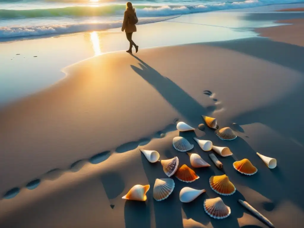 Escena costera al amanecer: serenidad y libertad en la playa Fotografía costera de alto valor: Amanecer sereno en la playa con conchas y madera a la orilla, figura solitaria caminando y gaviotas en vuelo