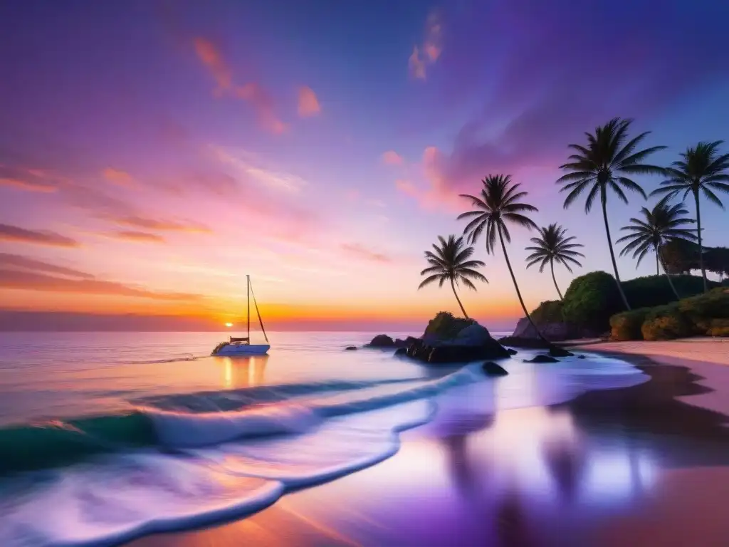 Puesta de sol radiante en la costa: serenidad y belleza Fotografía costera de alto valor: Atardecer vibrante sobre la costa, con sol dorado y palmeras en silueta