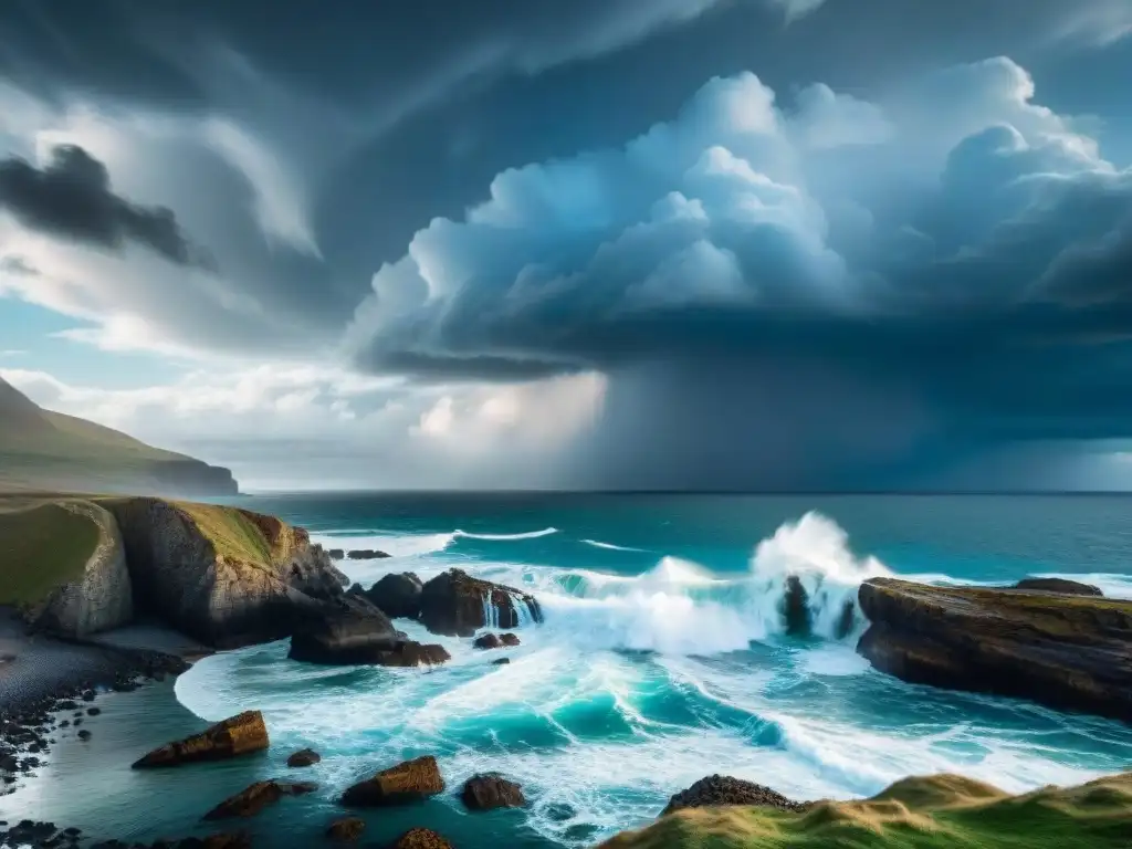 Costa salvaje: tormenta y calma en fotografía costera Fotografía costera en diferentes climas: Costa rugosa con tormenta y cielo azul, fotógrafo solitario preparando su equipo