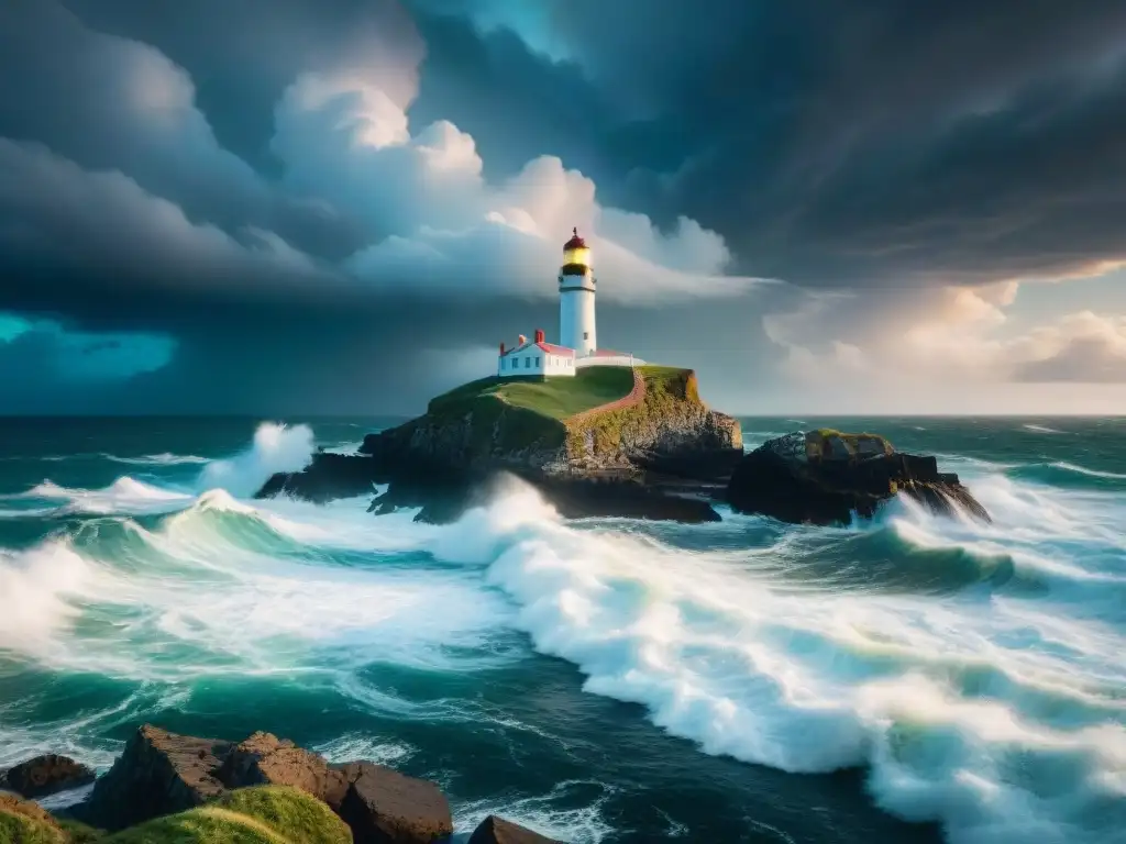 Costa salvaje en tormenta: drama y belleza Fotografía costera en diferentes climas: Costa salvaje en tormenta con faro solitario