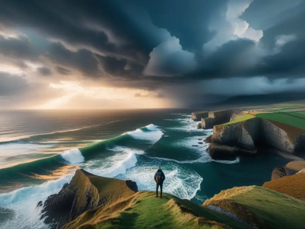 Tormenta en la costa: belleza cruda y poder desatado Fotografía costera en diferentes climas: Un paisaje dramático con nubes oscuras y olas rompiendo en acantilados