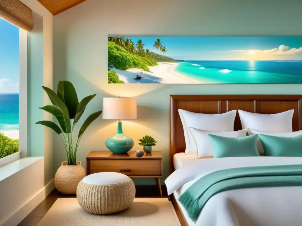 Retiro costero: dormitorio sereno con vista al mar Habitación costera con decoración para dormitorios costeros: cama king size, tonos verdes y detalles náuticos, vista al mar y playa