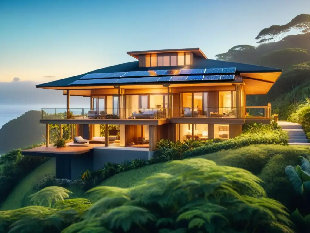 Hogar costero ecológico: diseño sostenible en armonía con la naturaleza Cálida casa costera ecoamigable con materiales sostenibles, rodeada de naturaleza exuberante y vista al mar