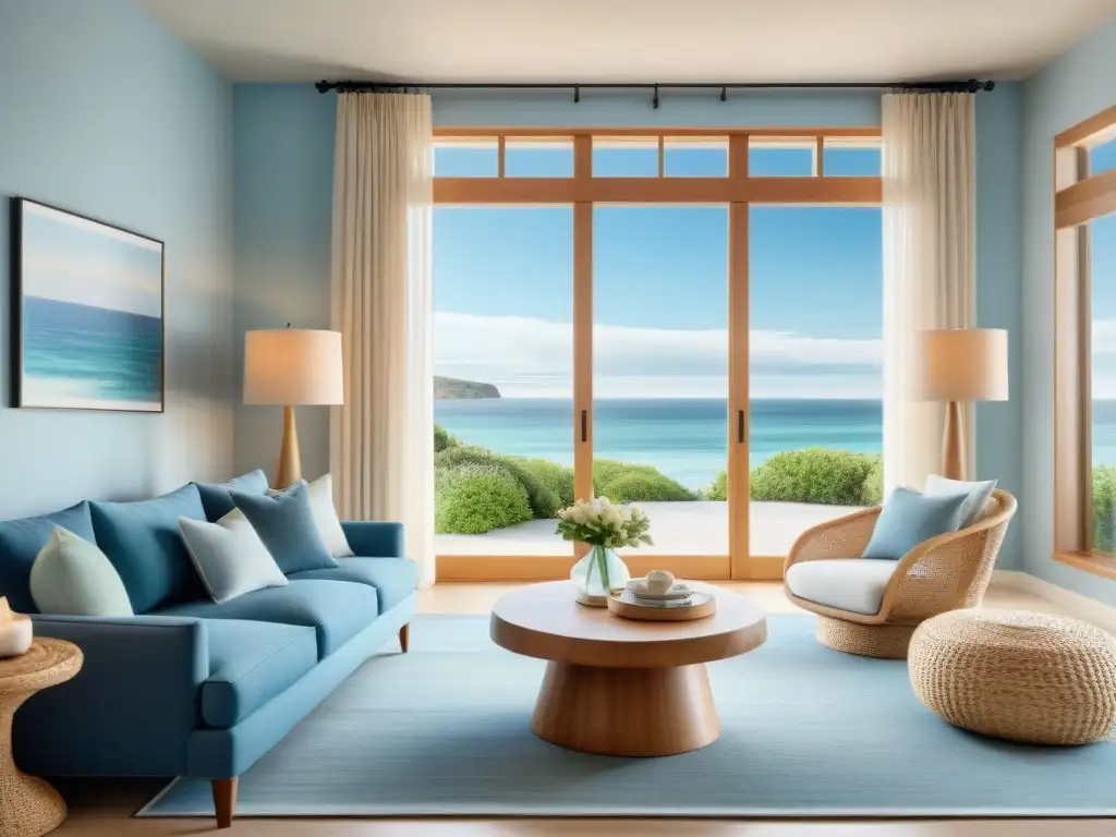 Salón costero sereno con vistas al mar y decoración natural Decoración costera con elementos naturales: Sala tranquila con vista al mar, muebles de madera a la deriva y tonos suaves