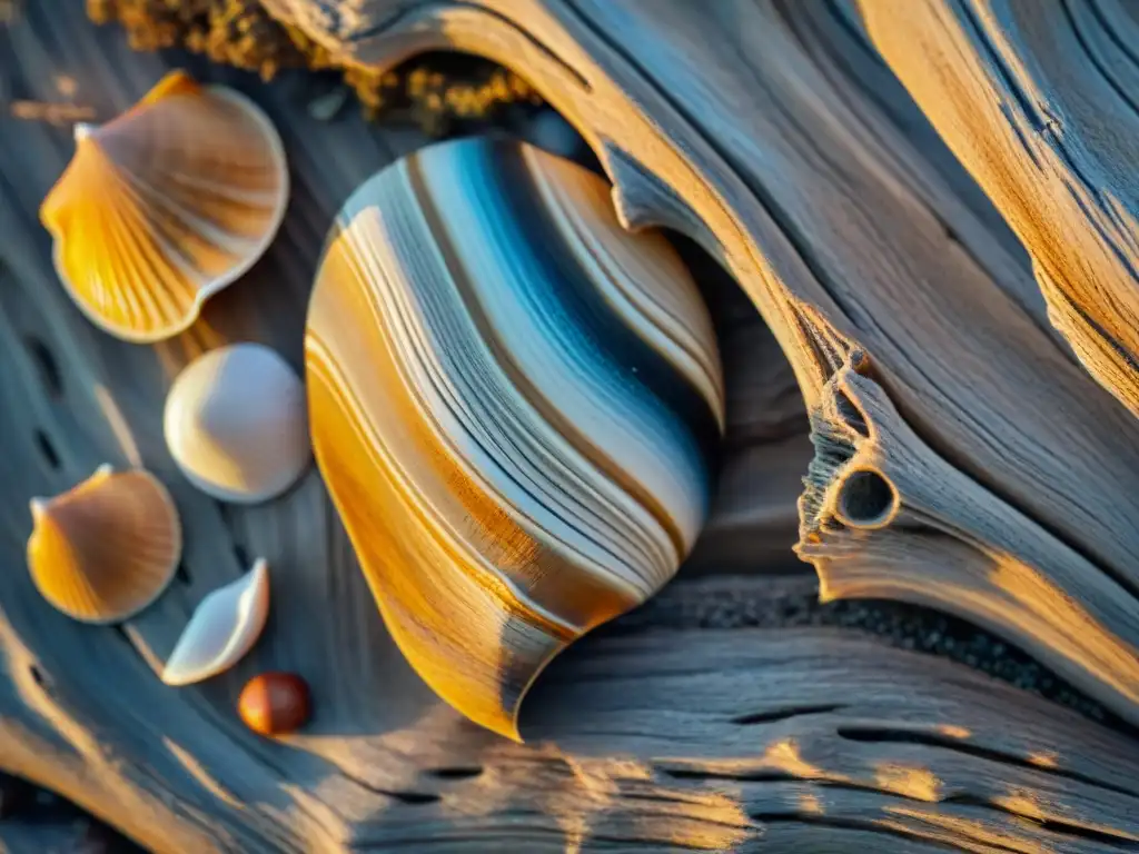 Reliquias marinas: madera a la deriva y conchas en la playa Decoración costera con elementos naturales: Un trozo de madera a la deriva sobre conchas marinas y arena