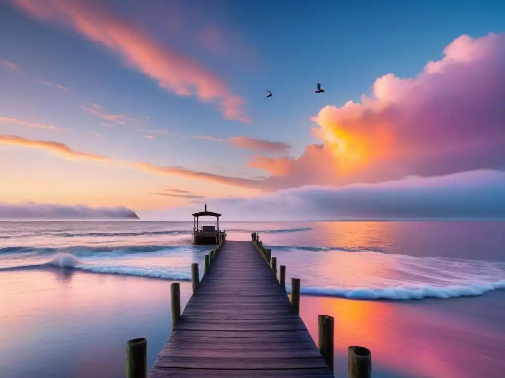 Amanecer sereno en el muelle: paisaje costero pintoresco Una fotografía costera con encuadres mágicos: amanecer sereno, muelle de madera, bote pesquero solitario y gaviotas en vuelo