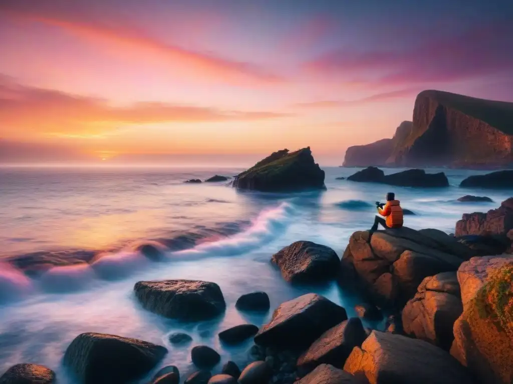 Atardecer majestuoso: fotógrafo solitario captura la belleza natural Fotografía costera con encuadres mágicos: atardecer majestuoso, fotógrafo solitario capturando la escena, reflejos en el agua tranquila