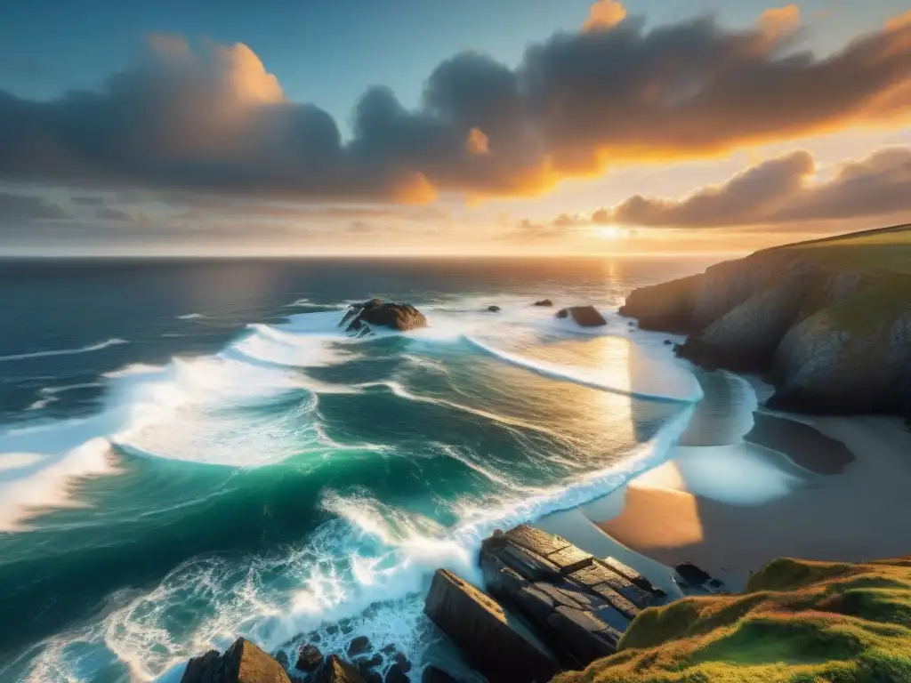 Amanecer majestuoso en la costa: belleza y serenidad Una fotografía costera con encuadres mágicos: majestuoso amanecer sobre un paisaje agreste, con el sol dorado entre nubes dramáticas