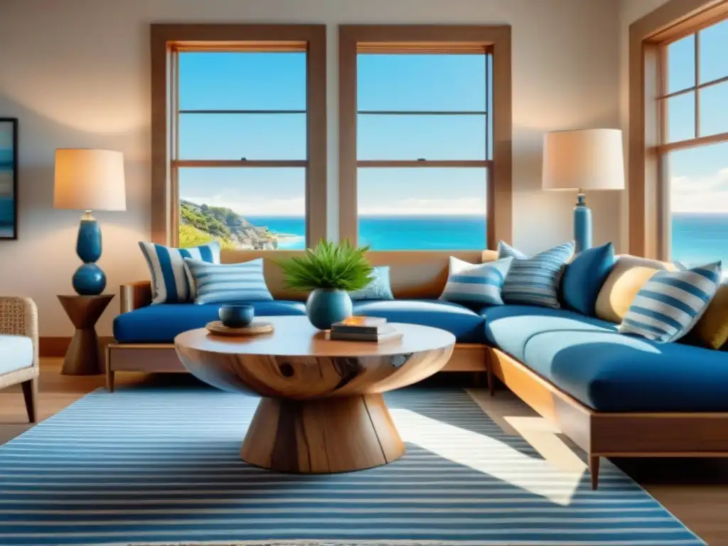 Sala costera con vista a la playa: decoración acogedora Decoración costera para hogar: Sala acogedora con vista a la playa, decorada con elementos marinos y mucha luz natural