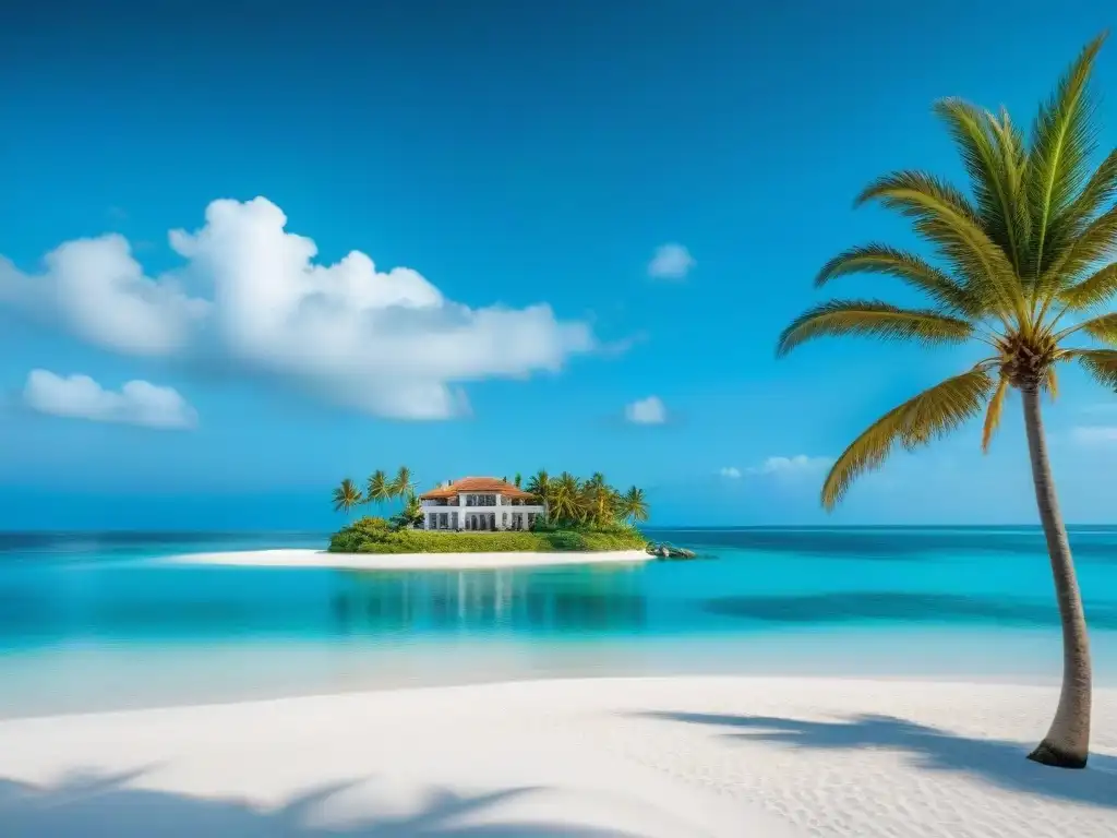 Paraíso costero: mansión de lujo en playa blanca Decoración costera en mansión de lujo con playa blanca y aguas turquesas, palmeras y colores tranquilos