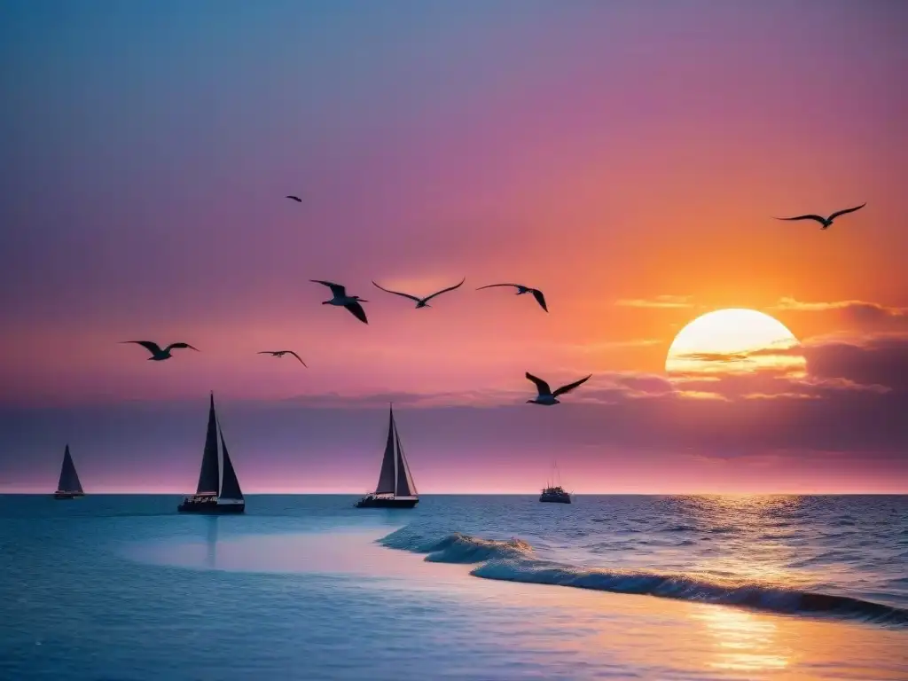 Espectacular atardecer sobre el mar: luz naranja y rosa, barcos y gaviotas Fotografía costera con reflejos marinos en un atardecer vibrante sobre el océano