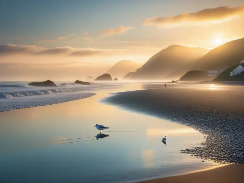 Escena costera al amanecer: serenidad y belleza dorada en 8k Fotografía costera con reflejos marinos al amanecer: mar tranquilo refleja el cielo dorado, gaviotas vuelan y pescador solitario en bote