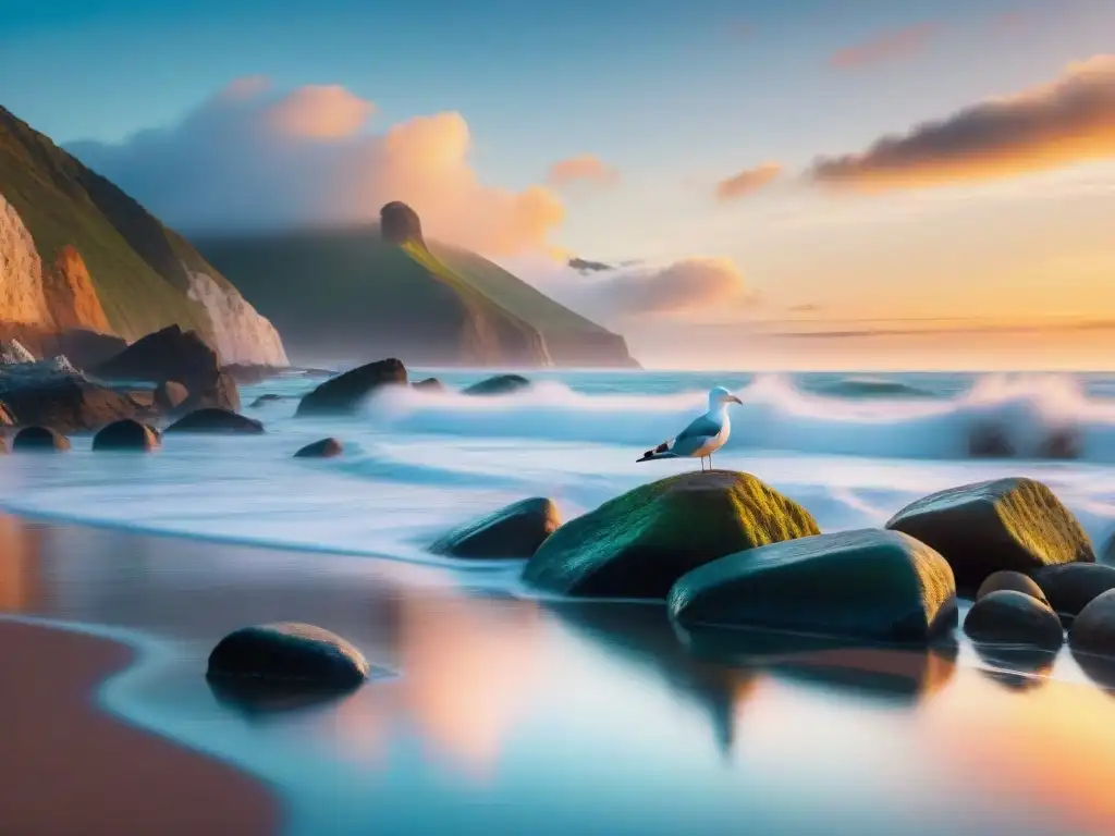 Escena costera al amanecer: reflejos marinos cautivadores Fotografía costera con reflejos marinos al amanecer, rocas suaves y gaviotas