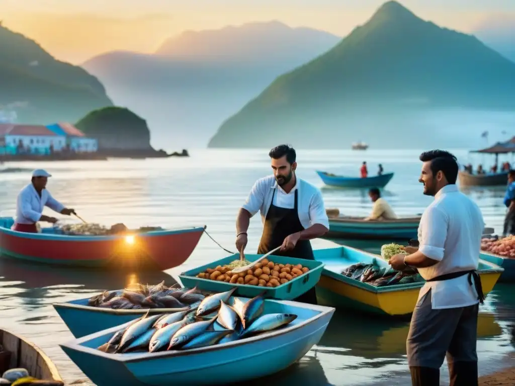 Mercado pesquero al amanecer: intercambio cultural y cocina en la costa Gastronomía costera fusiona sabores en mercado de pescado al amanecer, pescadores descargan capturas mientras chefs curiosean