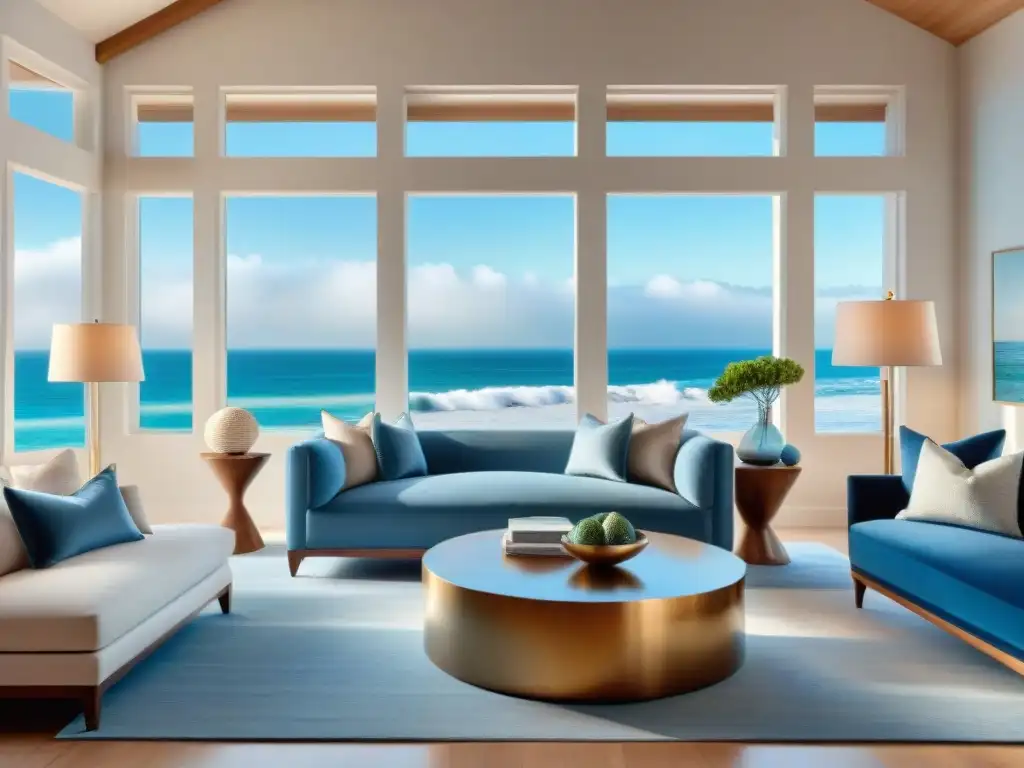 Salón costero de lujo: armonía en tonos suaves junto al mar Decoración costera en tonos serenos y lujosos con vista al mar