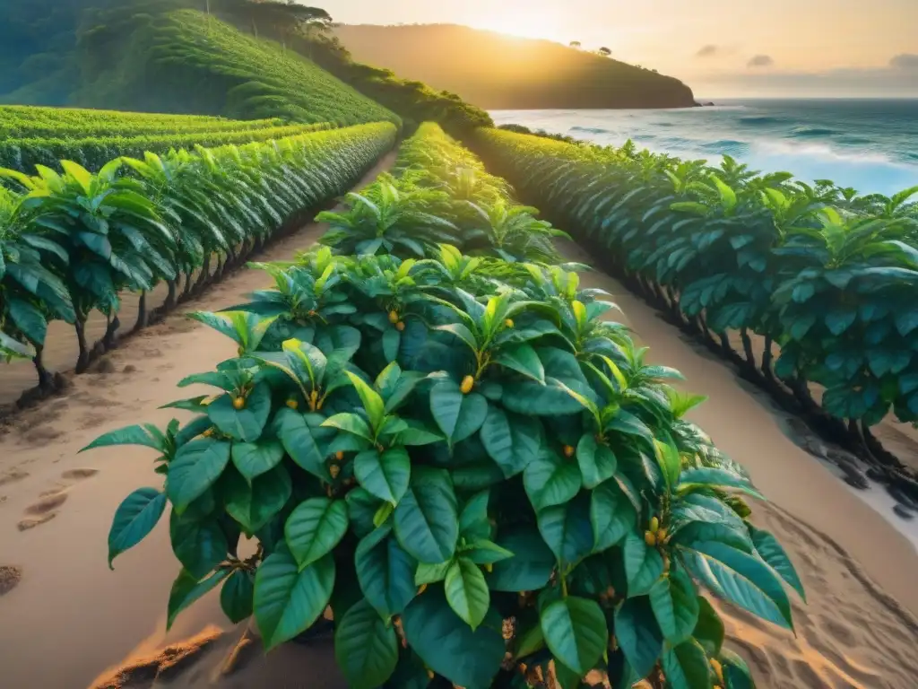 Plantación de café costera al amanecer: armonía entre mar y café Plantación de café costera vibrante al amanecer, con el impacto del mar en el crecimiento de los granos