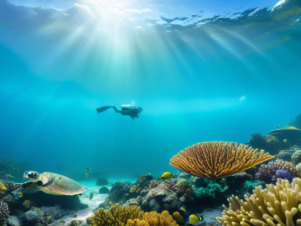 Ecosistema marino vibrante: Arrecifes de coral, peces y tortugas en acción La biodiversidad costera cobra vida: coloridos arrecifes, tortugas marinas, aves marinas