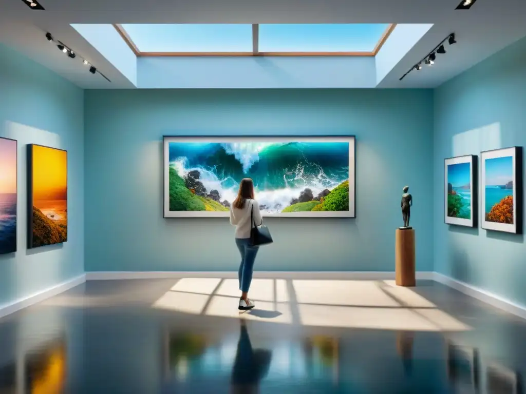 Exclusiva galería de arte costera con obras contemporáneas junto al mar Galerías costeras arte mar exclusivas: Una galería vibrante con esculturas y cuadros contemporáneos, iluminada por la luz natural y el mar
