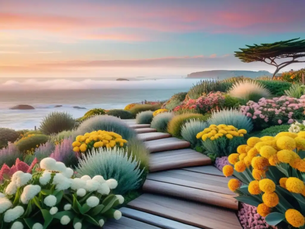 Jardín costero al atardecer: flora nativa y tranquilidad Jardín costero al atardecer con estrategias de paisajismo para propiedad costera