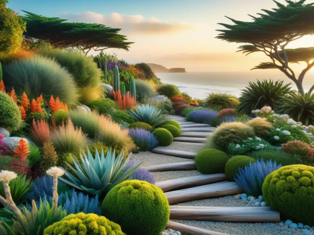 Jardín costero: arte natural y marino Un jardín costero detallado con elementos no vegetales como esculturas de madera a la deriva y senderos de conchas, armonizando con plantas