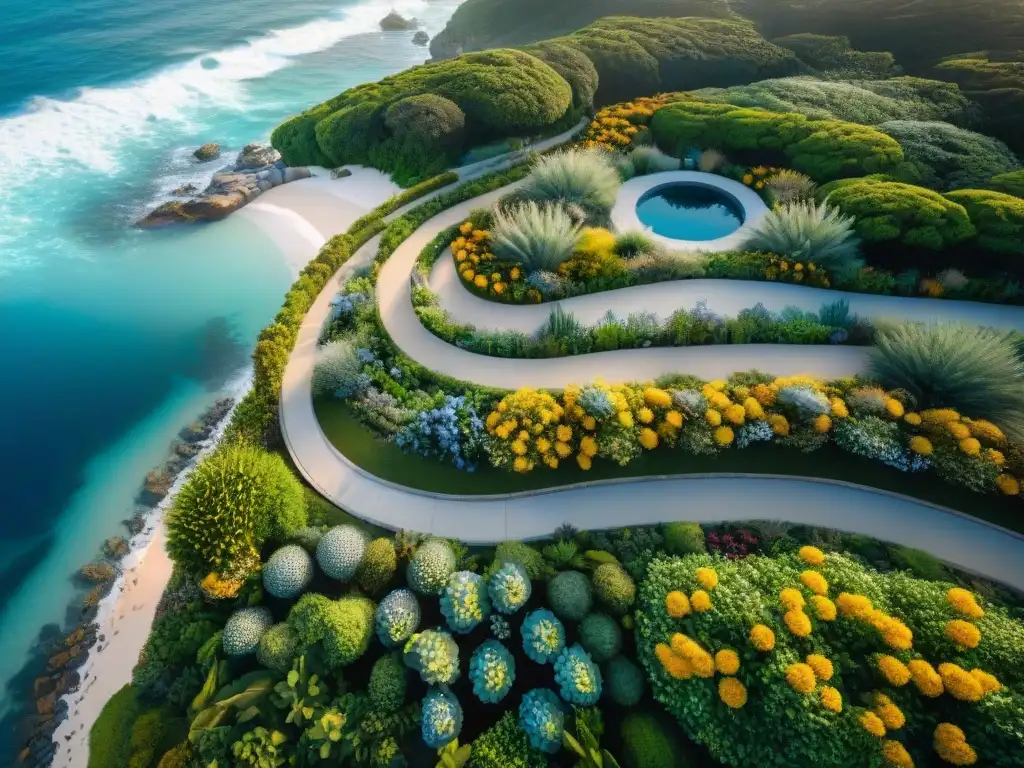 Jardín costero armonioso: oasis natural junto al mar Jardín costero con diseño meticuloso, senderos serpenteantes y vista al mar