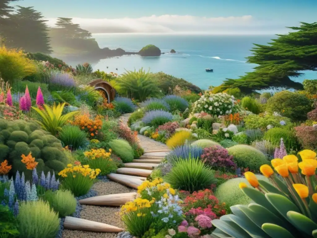 Jardín costero: naturaleza exuberante y sostenible Un jardín costero sostenible ecológico con plantas nativas, flores vibrantes y mariposas revoloteando, frente al mar