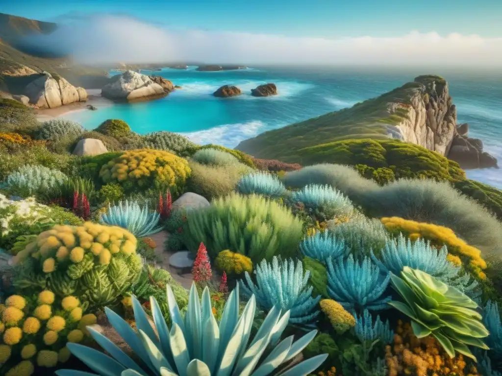 Jardín costero sostenible: oasis de biodiversidad junto al mar Un jardín costero sostenible ecológico con plantas nativas floreciendo en suelo arenoso, meciéndose suavemente bajo el sol brillante