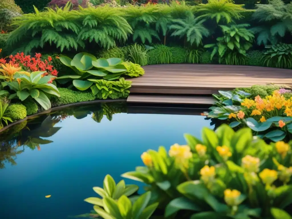Jardín costero sereno: fuente, arroyo y estanque Jardín costero con elementos de agua relajante y exuberante vegetación y flores coloridas