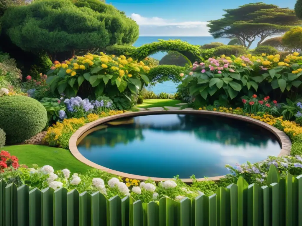 Jardín costero sereno con agua y naturaleza Jardín costero con elementos de agua relajante, fuente, arroyo y estanque rodeados de verdor y flores coloridas