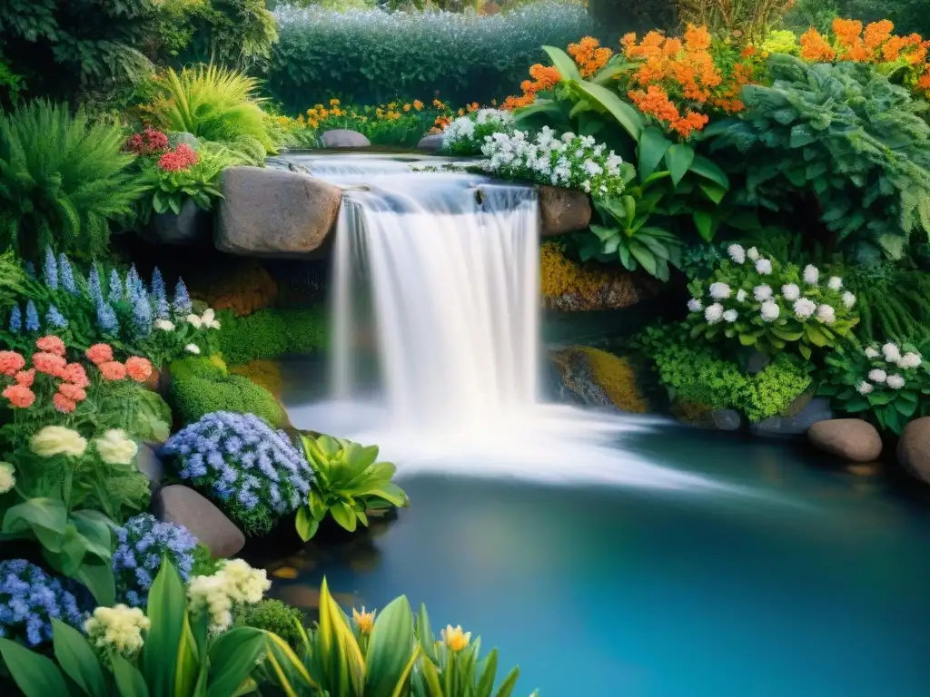 Jardín costero sereno con cascada: detalle ultra HD Jardín costero con elementos de agua relajante y cascada integrada en un paisaje rocoso, rodeado de exuberante vegetación y flores costeras