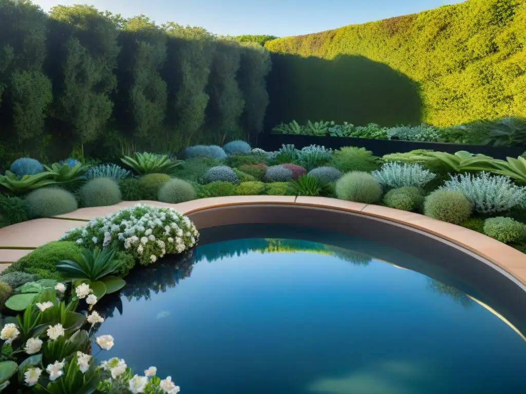 Jardín costero sereno con agua: oasis de paz Jardín costero con elementos de agua relajantes: reflejos serenos, arroyo suave y cascada, plantas costeras y mar brillante bajo el cielo azul