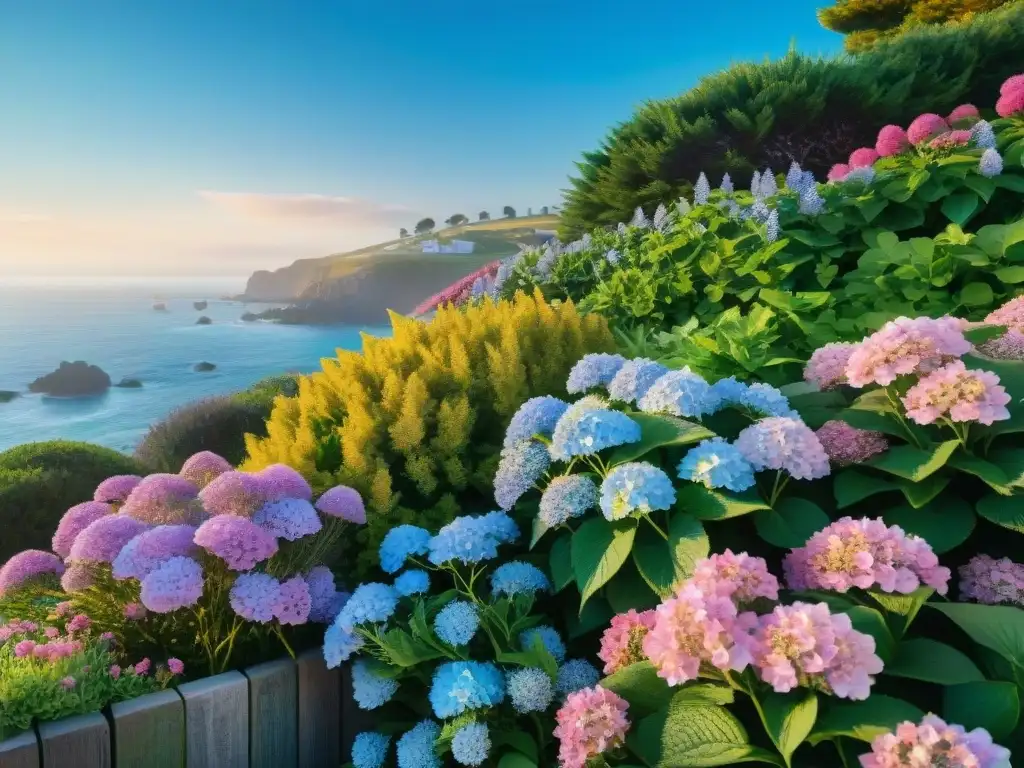 Jardín costero vibrante: flores coloridas junto al mar Un jardín costero exuberante con flores coloridas y el mar de fondo
