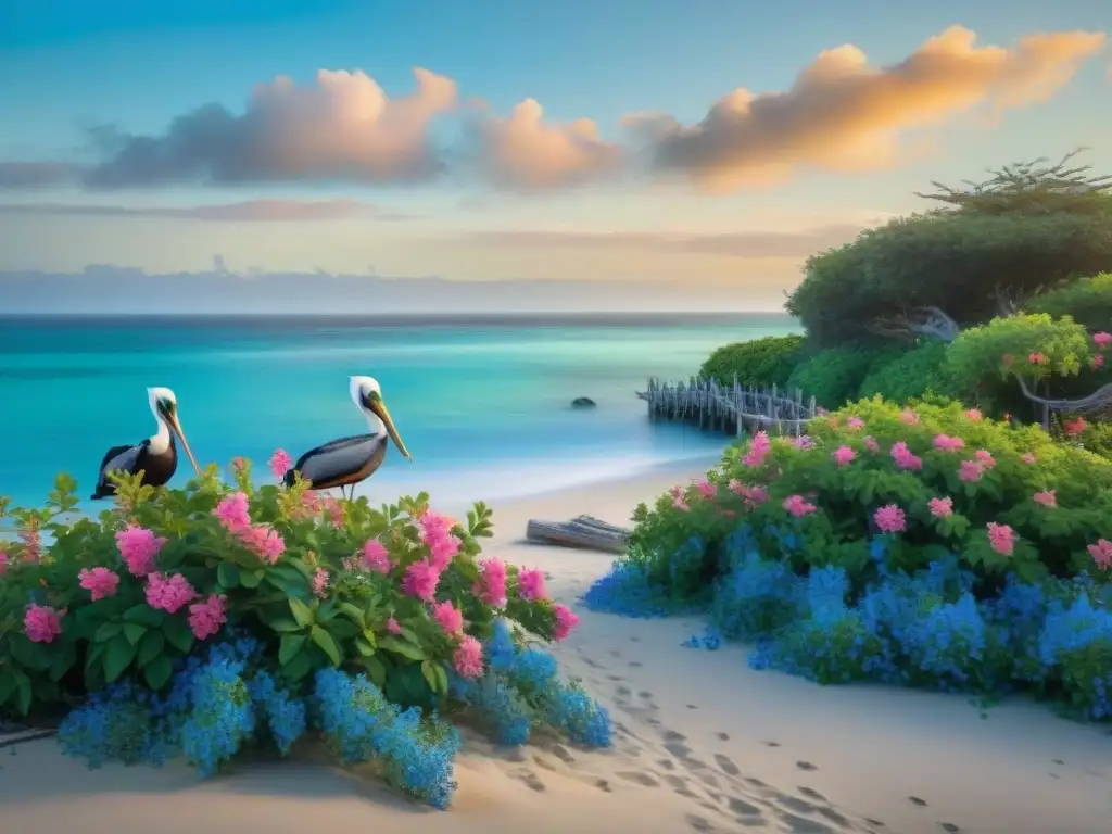 Jardín costero al amanecer: serenidad y belleza marina Jardín costero al amanecer: seagrass, bougainvillea y pelícanos sobre el agua azul