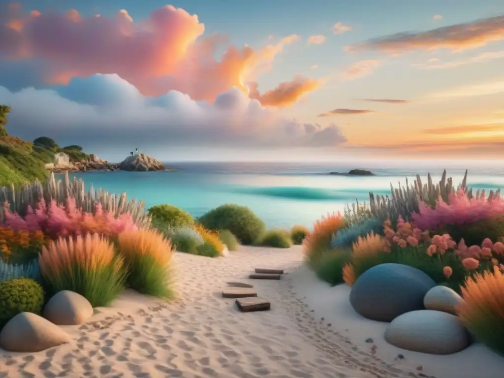 Jardín costero al atardecer: serenidad y encanto marino Un jardín costero sereno al atardecer, con accesorios náuticos y estrategias de paisajismo en propiedad costera