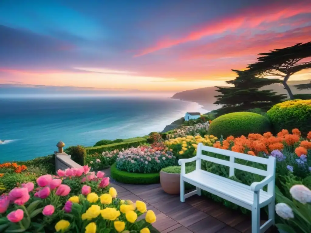 Paisaje costero: atardecer sereno en jardín florido Un jardín costero sereno al atardecer, con flores vibrantes, un banco de madera y gaviotas en el cielo naranja