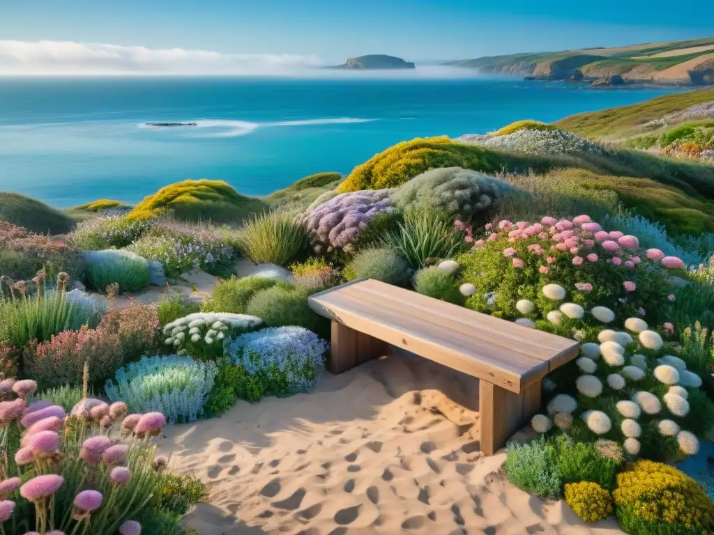 Jardín costero sereno con flores nativas y vistas al mar Un jardín costero sereno con caminos de arena entre flores nativas, inspirando tranquilidad