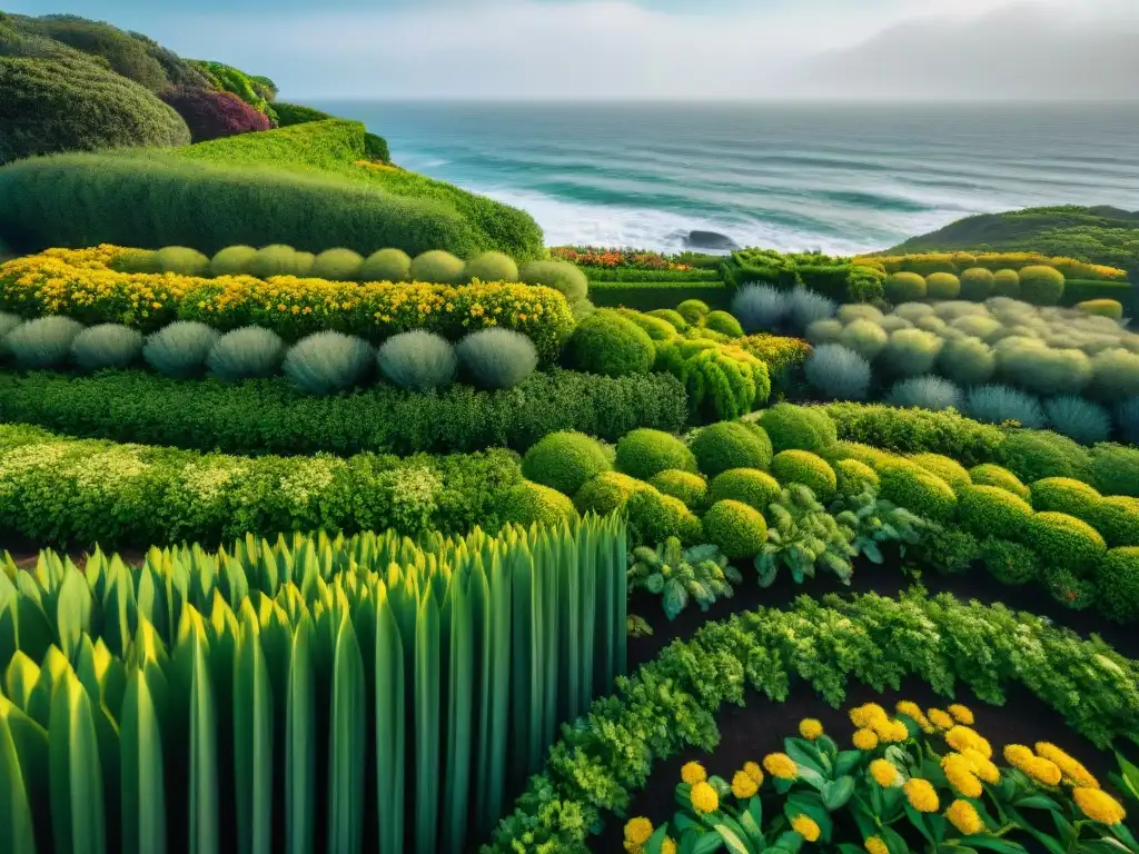 Jardín costero: sistema de riego detallado y plantas nativas Jardín costero con sistema de riego y plantas nativas prósperas
