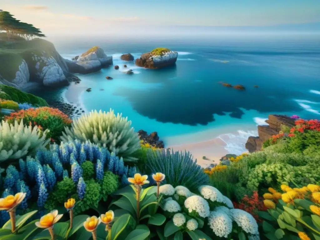 Jardín costero vibrante: flora nativa en armonía Un jardín costero sostenible y ecológico con plantas nativas vibrantes, flores coloridas y vida silvestre en armonía junto al mar
