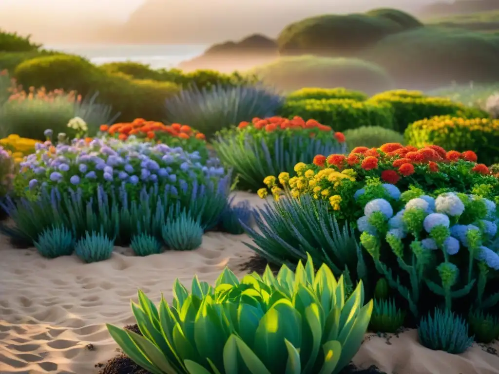 Jardín costero vibrante: raíces e insectos en detalle Un jardín costero sostenible ecológico rebosante de plantas nativas, raíces intrincadas y polinizadores entre flores vibrantes bajo el cálido sol