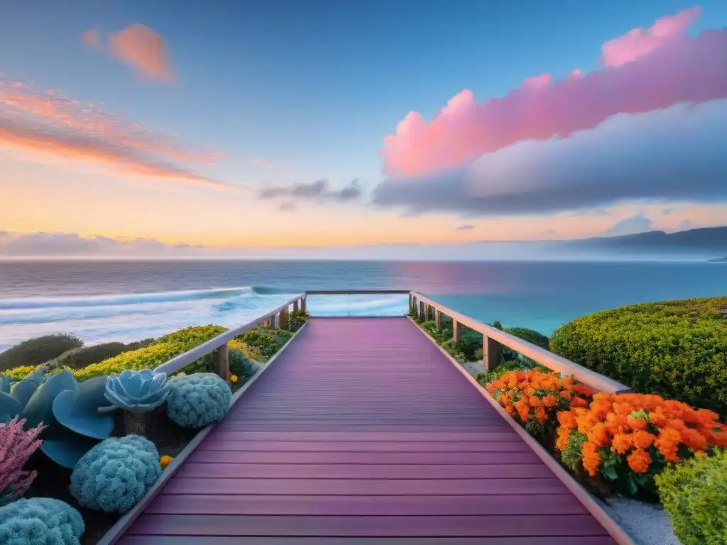 Jardín costero al atardecer: paz y serenidad junto al mar Jardín costero tranquilo al atardecer con deck de madera, plantas tropicales y camino de piedras al mar