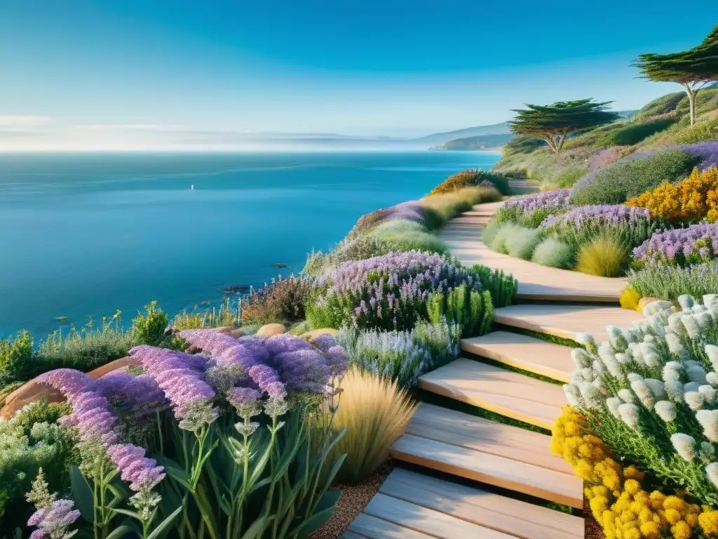 Jardín costero: oasis de paz junto al mar Un jardín costero vibrante con plantas como lavanda marina, pasto de playa y romero costero, frente al mar bajo un cielo azul